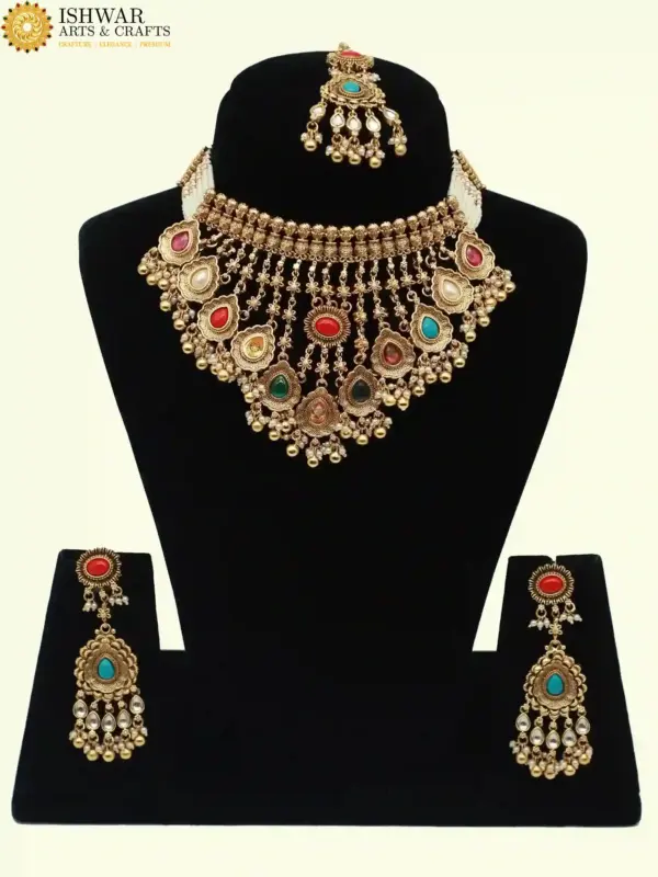Designer Multicolour Stone Bridal Necklace Set with Hanging Beads, Earrings and Maangtika, Ishwar Arts and Crafts