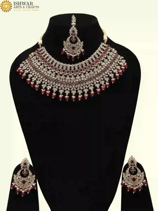 Stunning red and white stone-studded bridal necklace set, Ishwar Arts and Crafts