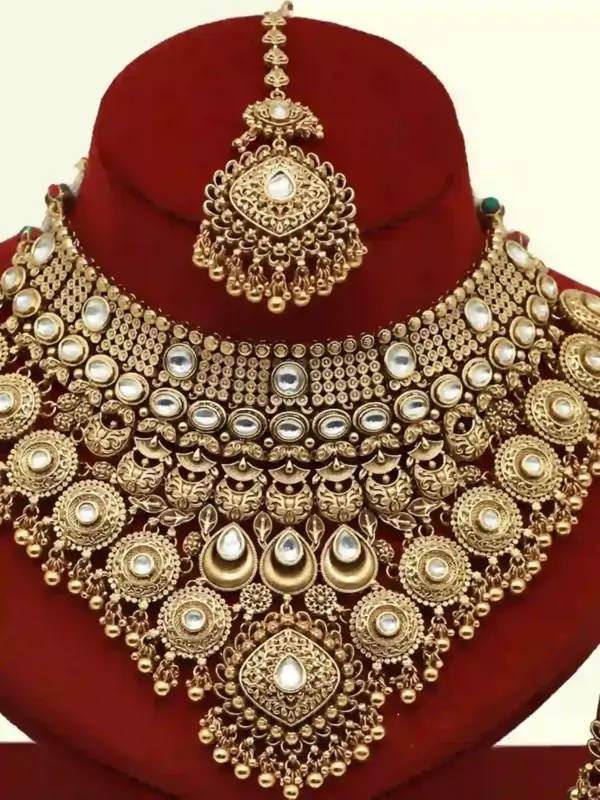 Heavy Embellished Carving Bridal Necklace Set with Earrings and Maangtika, Ishwar Arts and Crafts