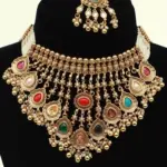 Designer Multicolour Stone Bridal Necklace Set with Hanging Beads, Earrings and Maangtika, Ishwar Arts and Crafts