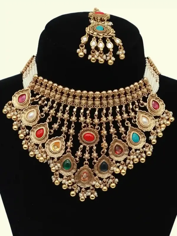 Designer Multicolour Stone Bridal Necklace Set with Hanging Beads, Earrings and Maangtika, Ishwar Arts and Crafts