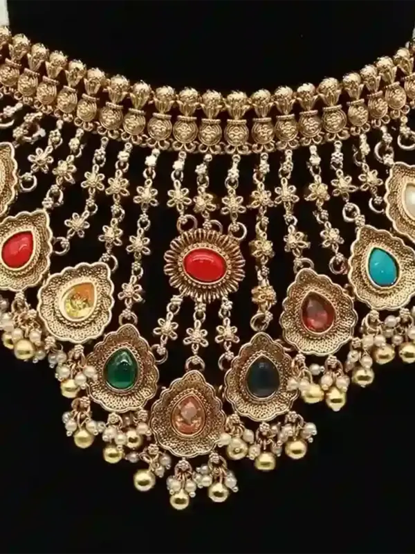 Designer Multicolour Stone Bridal Necklace Set with Hanging Beads, Earrings and Maangtika, Ishwar Arts and Crafts