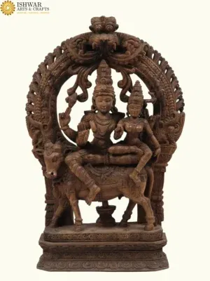 48" Large Lord Shiva with Devi Parvati on Nandi | Wood Carved Statue | Handmade in India 