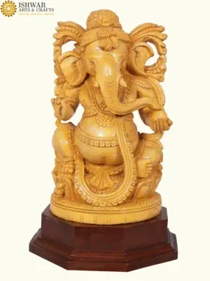 12" Sitting Lord Ganapati Statue in White Wood