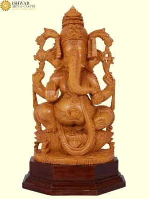 16" Four Armed Lord Ganesha Statue in White Wood