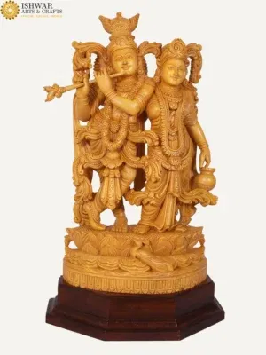 31" Lord Krishna Playing Flute with Devi Radha Statue in White Wood | Handmade in India