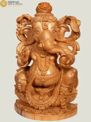 12" Innocent  Bal Ganesha Idol Seated on Pedestal | White Wood Statue
