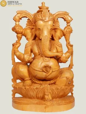 12" Blessing Lord Ganesha Idol Seated on Lotus | Handmade in India