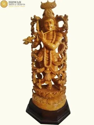 30" White Wood Govinda Statue with Base | Handmade in India