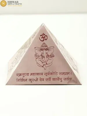 Vastu Pyramid with Syllable Mantra with Ganesha Figure, Shri Vaastu Dosh Nivaaran, Shri Kuber Mantra, Shri Yantra  in Copper
