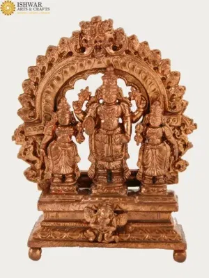 3" Small Hindu Deity Lord Vishnu with Sridevi and Bhudevi | Copper Statue