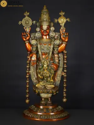 34" Large Shri Tirupati Balaji (Venkateshwara) with Devi Lakshmi Brown and Gold Coloured Brass Statue, Ishwar Arts and Crafts