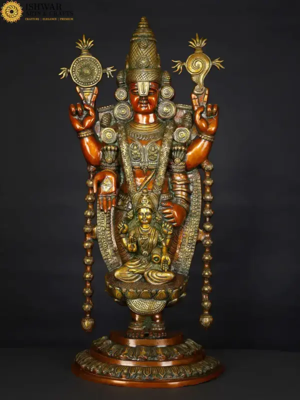 34" Large Shri Tirupati Balaji (Venkateshwara) with Devi Lakshmi Brown and Gold Coloured Brass Statue, Ishwar Arts and Crafts