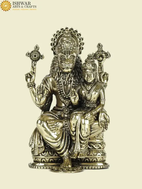 4" Small Sitting Lord Narsimha with Goddess Lakshmi Superfine Brass Statue, Ishwar Arts and Crafts