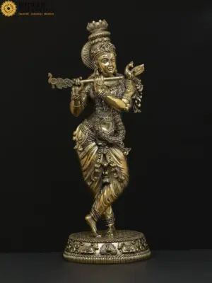 6" Small Lord Krishna Superfine Brass Statue With Flute, Ishwar Arts and Crafts
