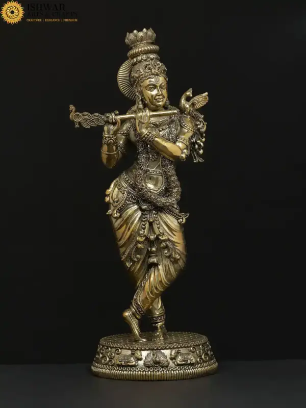 6" Small Lord Krishna Superfine Brass Statue With Flute, Ishwar Arts and Crafts