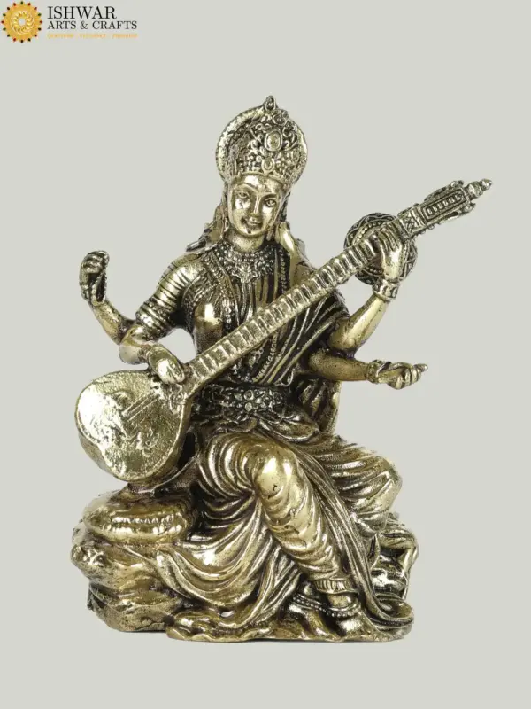 Superfine Small Saraswati Devi Statue Playing Veena | Handcrafted Brass Statue , Ishwar Arts and Crafts