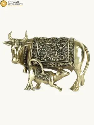 4" Small Kamdhenu Cow and Calf Superfine Quality Statue in Brass, Ishwar Arts and Crafts