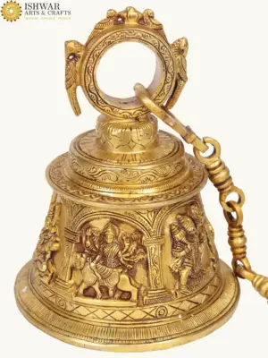 7" Brass Temple Bell with Images of Lord Shiva, Hanuman, Ganesha, Goddess Lakshmi, Durga and Radha Krishna, Made in India, Ishwar Arts and Crafts