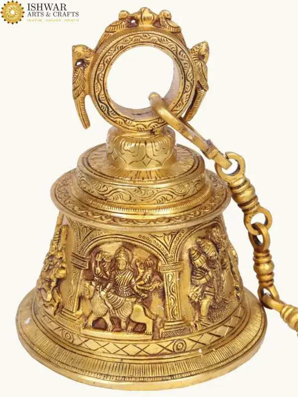7" Brass Temple Bell with Images of Lord Shiva, Hanuman, Ganesha, Goddess Lakshmi, Durga and Radha Krishna, Made in India, Ishwar Arts and Crafts