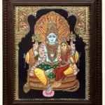 Vishnu Lakshmi Tanjore Painting with Sheshanaga, 24K Gold Detailing, Traditional South Indian Artwork in Teakwood Frame, Ishwar Arts and Crafts
