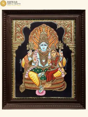 Vishnu Lakshmi Tanjore Painting with Sheshanaga, 24K Gold Detailing, Traditional South Indian Artwork in Teakwood Frame, Ishwar Arts and Crafts