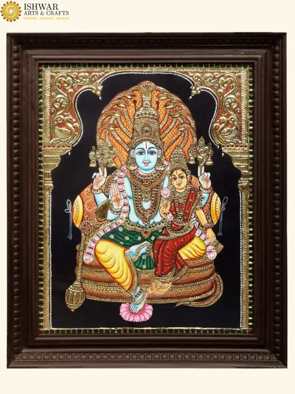 Vishnu Lakshmi Tanjore Painting with Sheshanaga, 24K Gold Detailing, Traditional South Indian Artwork in Teakwood Frame, Ishwar Arts and Crafts