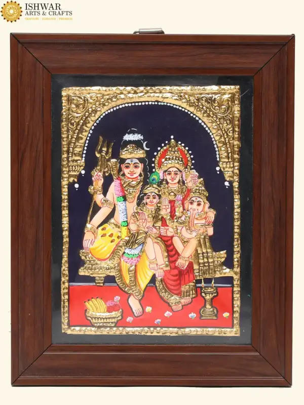 Lord Shiva Family Tanjore Painting | Traditional Colors with 24 Karat Gold | With Frame, Ishwar Arts and Crafts