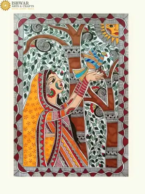 Lady With Bird Madhubani Painting | Alcohol Markers And Fineliners On Paper | Handmade