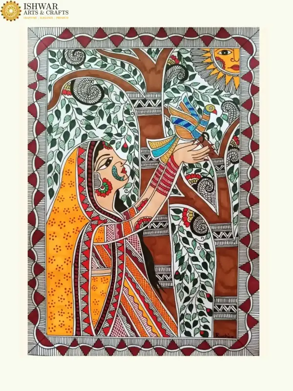Lady With Bird Madhubani Painting | Alcohol Markers And Fineliners On Paper | Handmade
