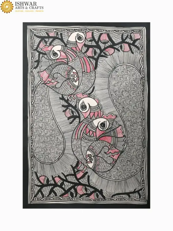 Madhubani Peacock Painting on Handmade Paper, Ishwar Arts and Crafts