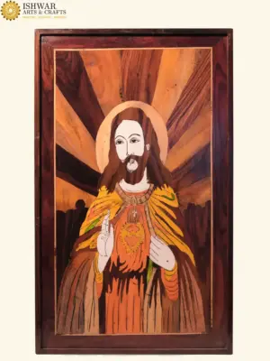 31" Beautiful Painting Of Jesus Christ | Natural Colors On Wooden Panel With Inlay Work | Made in India, Ishwar Arts and Crafts