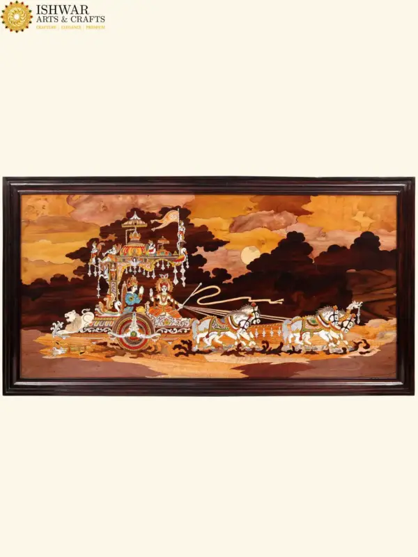 48" Mahabharata War View With Geeta Updesham | Natural Color On 3D Rosewood Painting With Inlay Work | Handmade, Ishwar Arts and Crafts