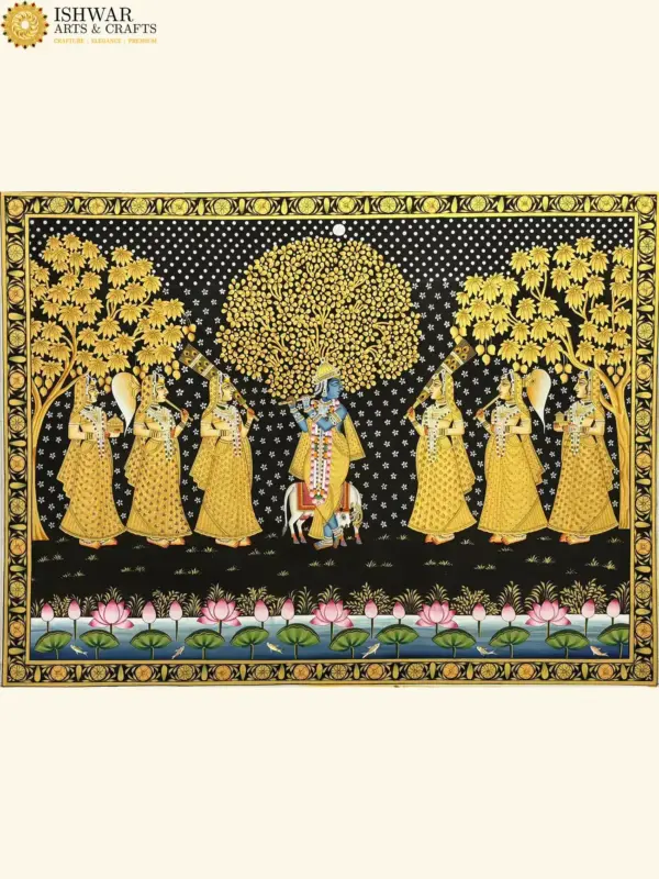 Bhagwan Krishna With Gopi's Pichhwai Painting | Natural Color On Cloth | Handmade, Ishwar Arts and Crafts