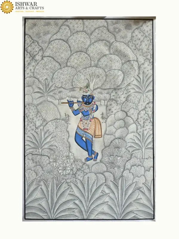 Lord Shrinathji With Flute | Pichhwai Art | Watercolor On Cotton, Ishwar Arts and Crafts