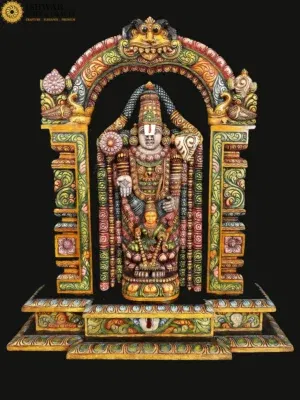 38" Large Colorful Lord Venkateshwara with Kirtimukha Prabhavali | Wood Carved Statuem|Made in India
