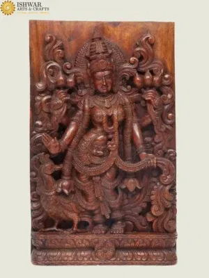 30" Large Standing Goddess Lakshmi Wall Panel | Wood Carving | Handmade in Tamil Nadu 