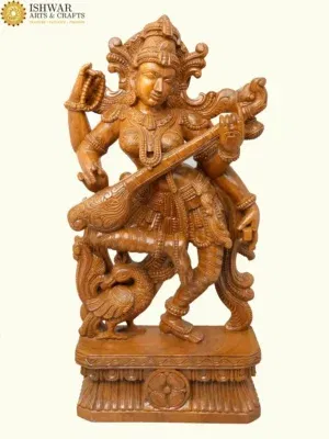36" Large Devi Saraswati Dancing and Playing Veena | Wood Carving | Handmade in India