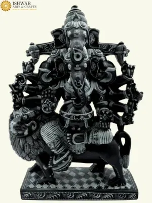 Heramba Ganesha Stone Statue Seated on Lion | Made in India