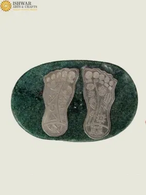 Silver Lakshmi Charan Paduka on Green Gold Stone Base | Made in India