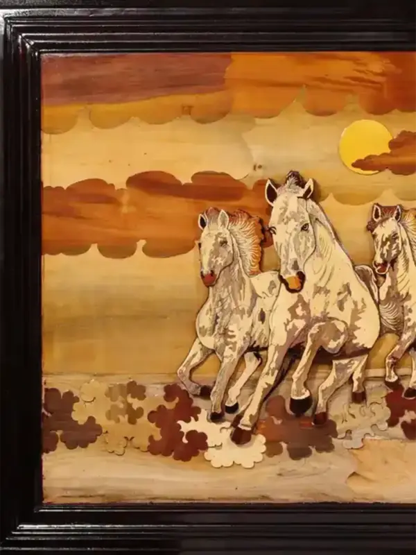 72" 3D Seven Vastu Horses | Natural Color On Wood Panel With Inlay Work, Handmade, Made in India, Ishwar Arts and Crafts