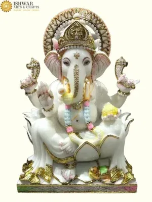 24" Sitting Lord Ganpati Statue on Lotus in Vietnam White Marble