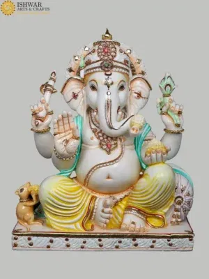 27" Lord Ganesha in White Marble  | Handmade in India 