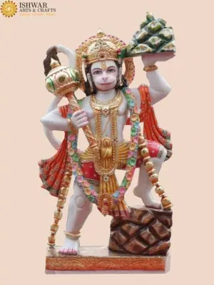36" Large Superfine Idol of Lord Hanuman Holding Mountain in White Marble | Hand Carved