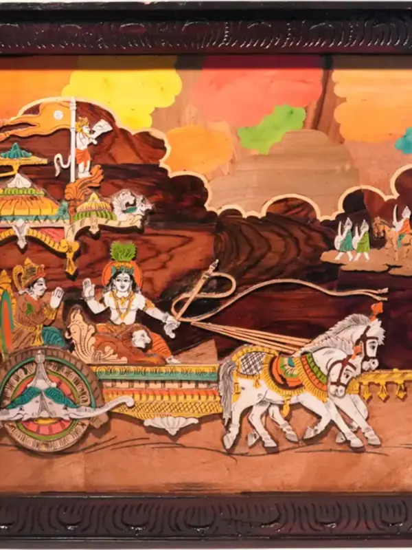 48" Gita Updesham Wooden Panel For Wall | Natural Color On 3D Wood Painting With Inlay Work | Handmade, Ishwar Arts and Crafts