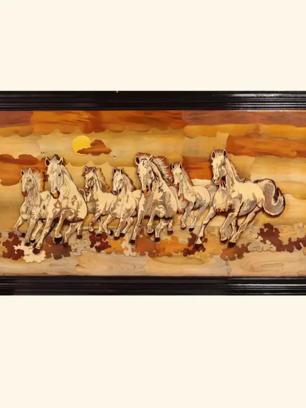 72" 3D Seven Vastu Horses | Natural Color On Wood Panel With Inlay Work, Handmade, Made in India, Ishwar Arts and Crafts