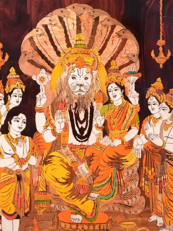 36" Bhagwan Narasimha With Devi Lakshmi | Natural Colors On Wood Panel With Inlay Work | Handmade in India, Ishwar Arts and Crafts