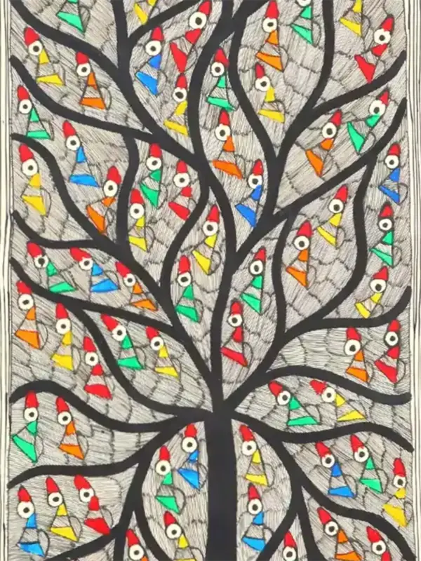 28" Tree of Life with Full of Colourful Birds | Madhubani Painting | Handmade, Ishwar Arts and Crafts