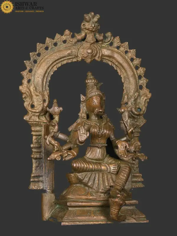 5" Blessing Goddess Varahi Seated on Kirtimukha Throne | South India Bronze Statue | Handmade, Ishwar Arts and Crafts