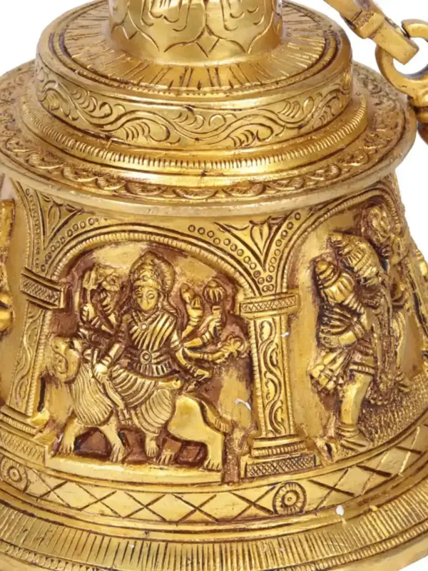 7" Brass Temple Bell with Images of Lord Shiva, Hanuman, Ganesha, Goddess Lakshmi, Durga and Radha Krishna, Made in India, Ishwar Arts and Crafts